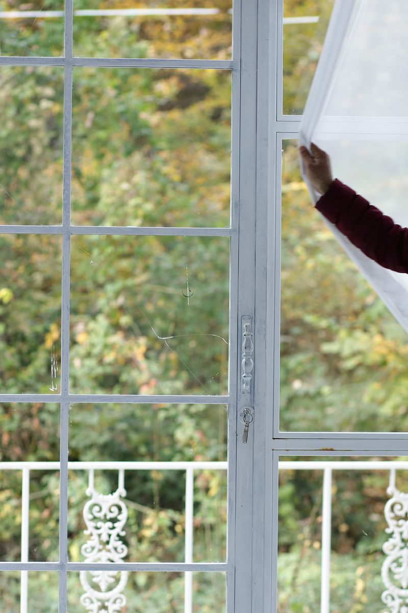A hand pulls back a curtain to reveal a scenic view of greenery through a window.