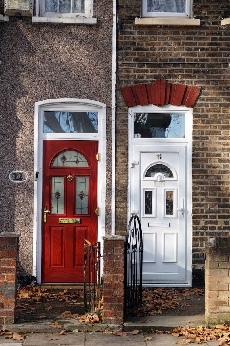 Two contrasting doors on urban buildings with fallen autumn leaves.